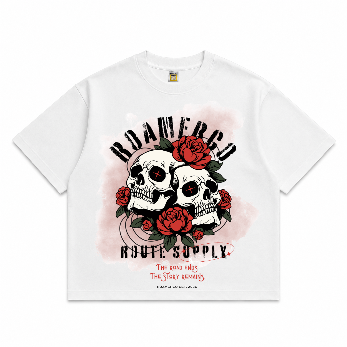 ROAMERCO Boxy Fit T-Shirt — White / Skull & Roses