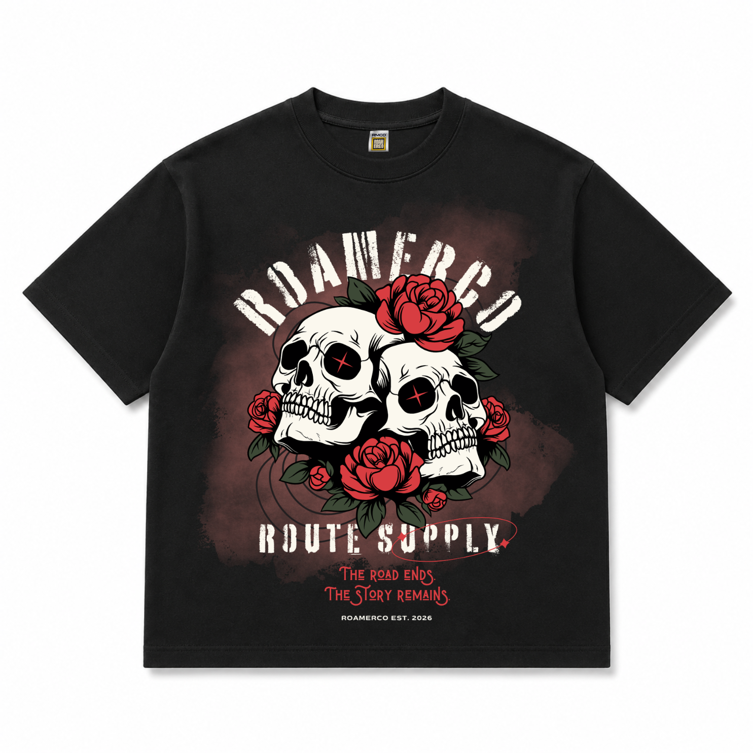 ROAMERCO Boxy Fit T-Shirt — Black / Skull & Roses