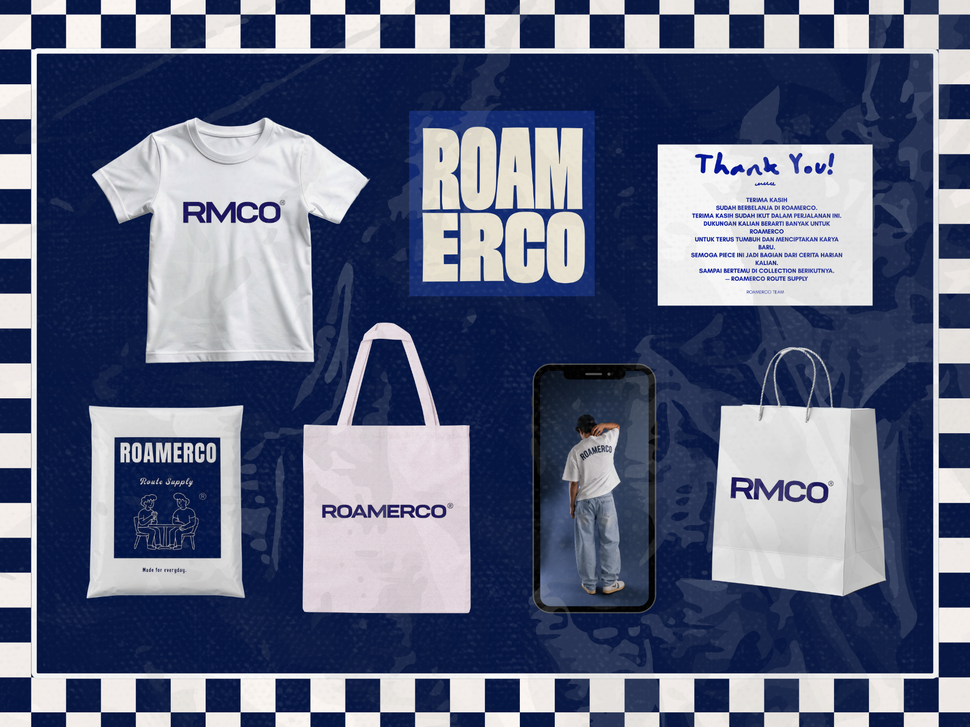 ROAMERCO Packaging Flatlay — tote, mailer, tee, paper bag